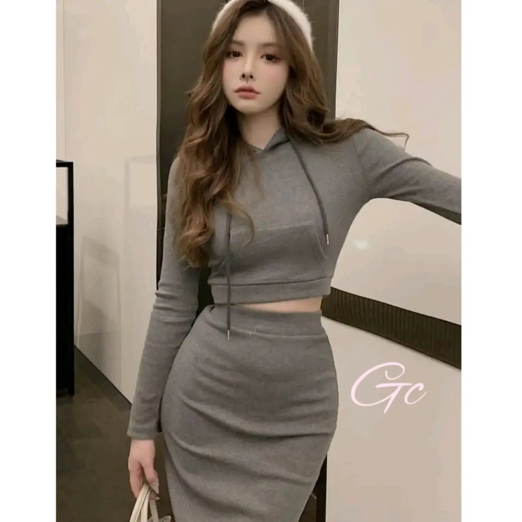 ( S - XL ) Korean One Set Grey Black Crop Hoodie + Midi Skirt Setelan Korea Hoodie + Rok Panjang