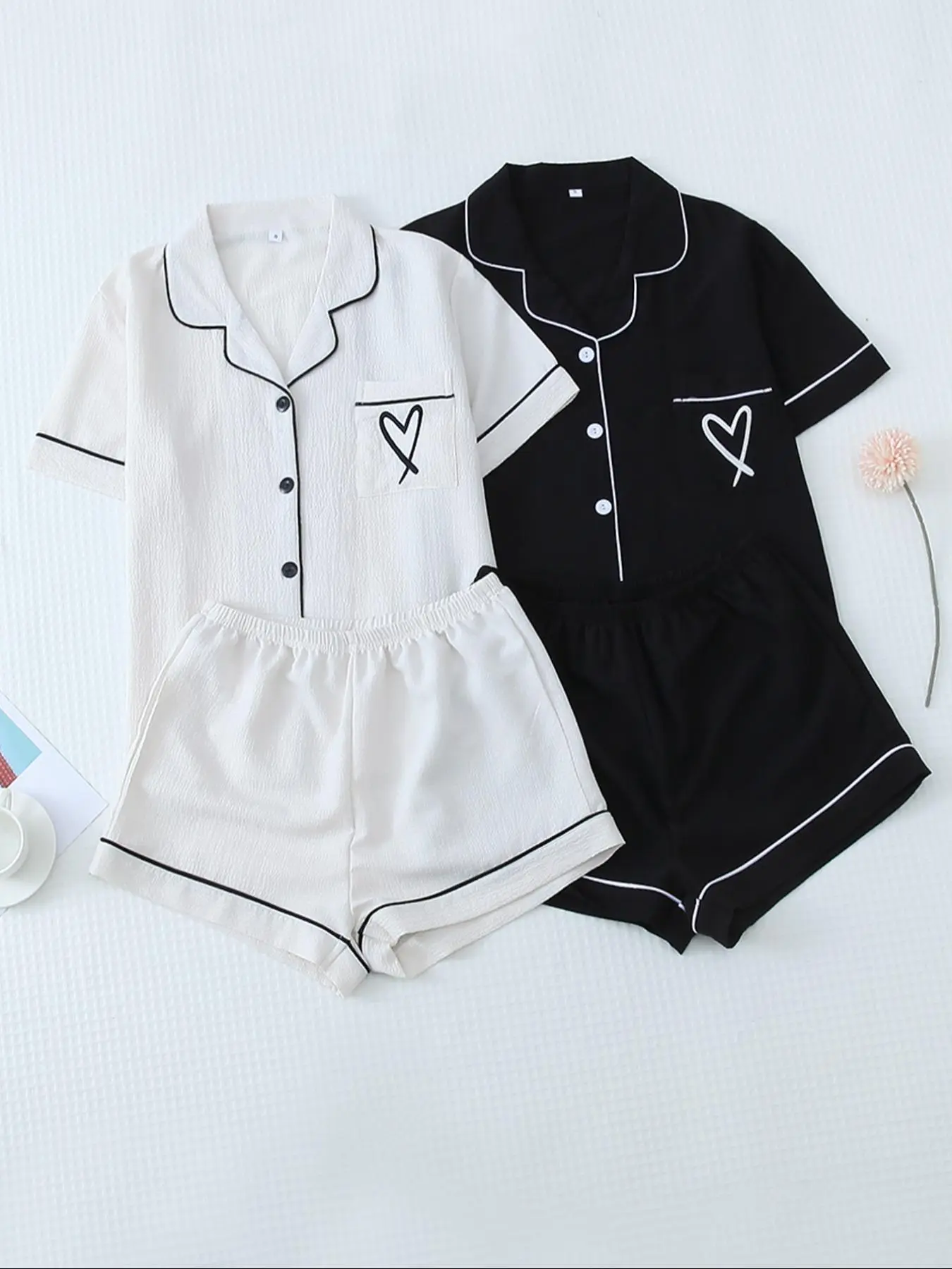Women's Heart Print Contrast Binding Pj Set, Pocket Collared Shirt & Shorts Loungewear Set, Summer Wear 2024, Valentine's Day Gift, Casual Comfy Women's Sleepwear, Summer Clothes Women Valentine's Day