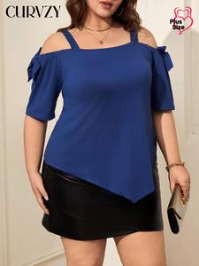 CURVZY Plus Size Cold Shoulder Bow Decor Tee, Casual Asymmetrical Hem Top for Summer, Women's Plus Clothing for Daily Wear