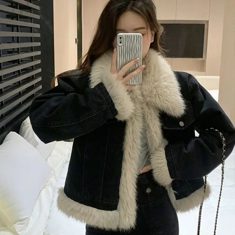 Áo Khoác Nhồi Bông Cừu, Cao Cấp Mới Mùa Thu Và Mùa Đông, Áo Len Lông Thú Dày, Đệm Bông, Dành Cho Nữ, Thêu Denim Ngắn