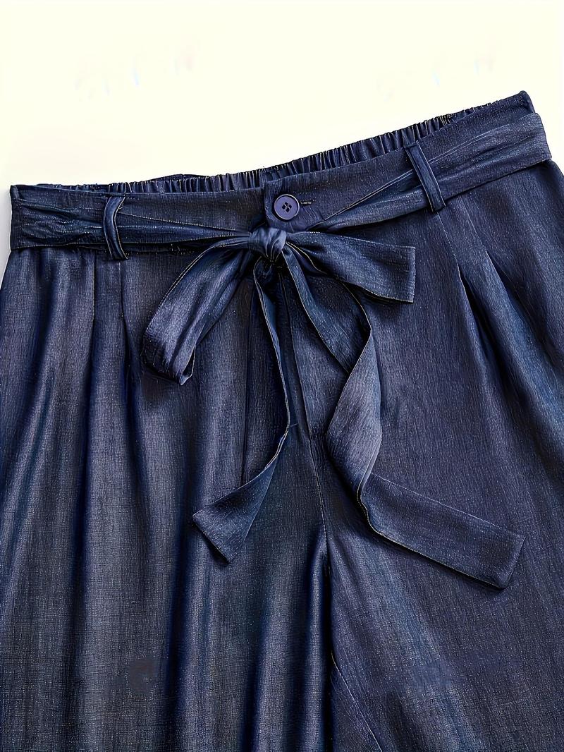 Product Introduction of Women's Plain Belted Button Fly Wide Leg Denim Pants, Elegant Casual Pocket Trousers for Spring & Fall, Women's Bottoms for Daily Wear 10