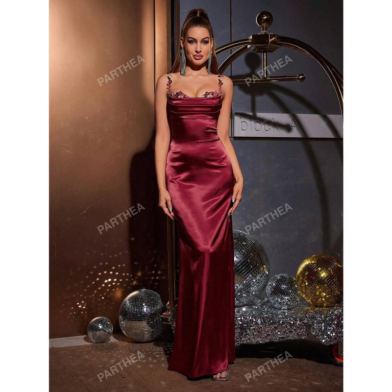 PARTHEA Spaghetti Straps Flower Detail Ruched Satin Elegant Long Dress Fit Formal 5