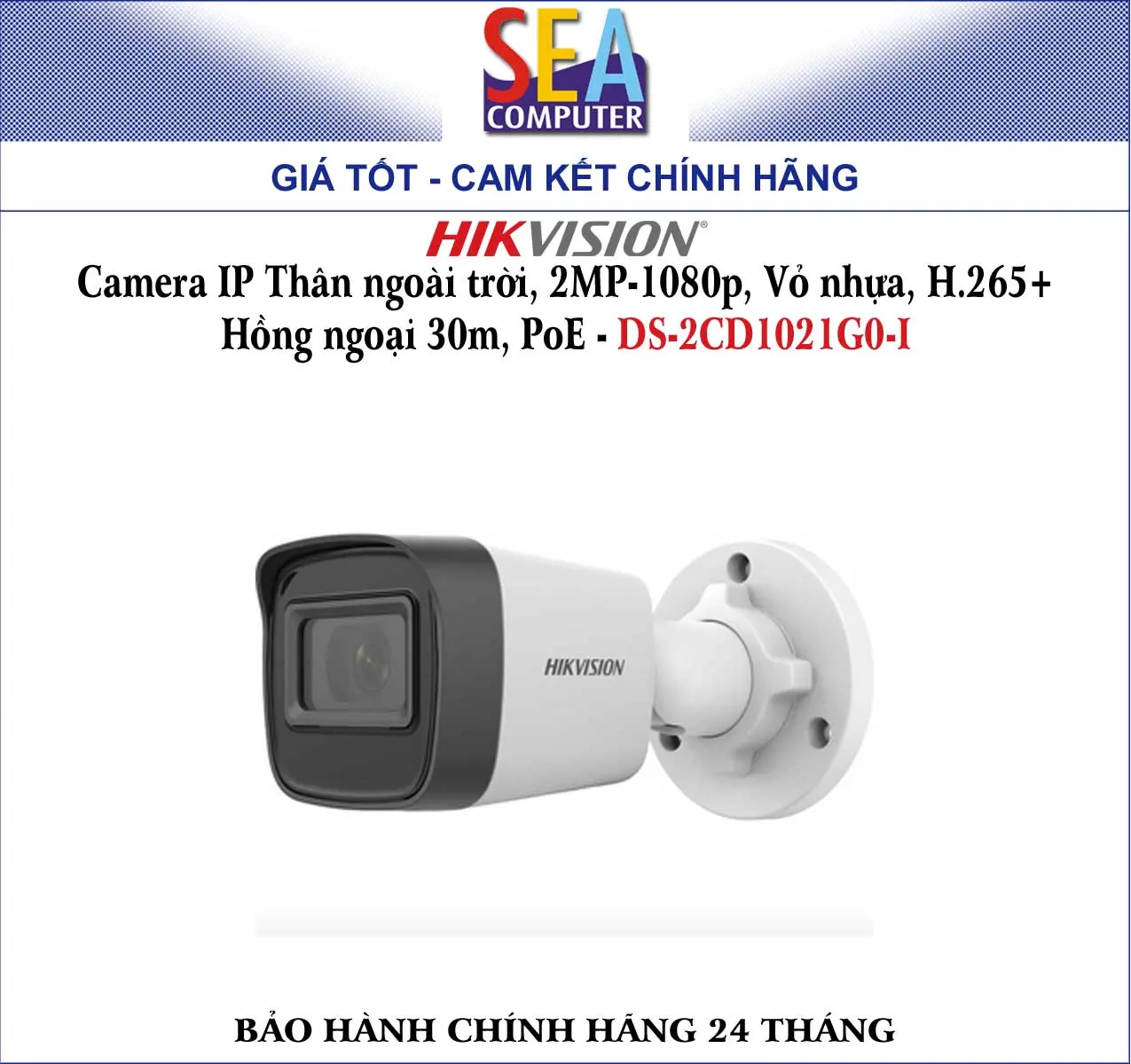 Camera HIKVISION IP Thân ngoài trời, 2MP-1080p, Vỏ nhựa, H.265+ Hồng ngoại 30m, PoE - DS-2CD1021G0-I