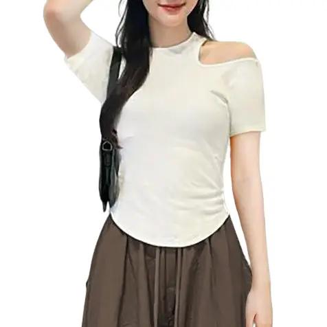 Áo Thun Cộc Tay Khoét Vai Vạt Bầu Gladimax F89, Áo Hở Vai cá tính, trẻ chung, chất thun cotton co giãn, mềm mại, thoải mái Women Voi Top Voan Jean Xanh Rêu