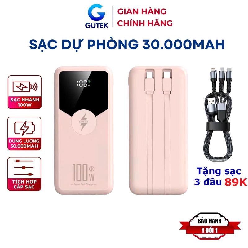 [Tặng sạc 3 đầu] Sạc dự phòng 30000mAh Gutek GT229 sạc nhanh 100W pin dung lượng lớn tích hợp dây cáp cho điện thoại