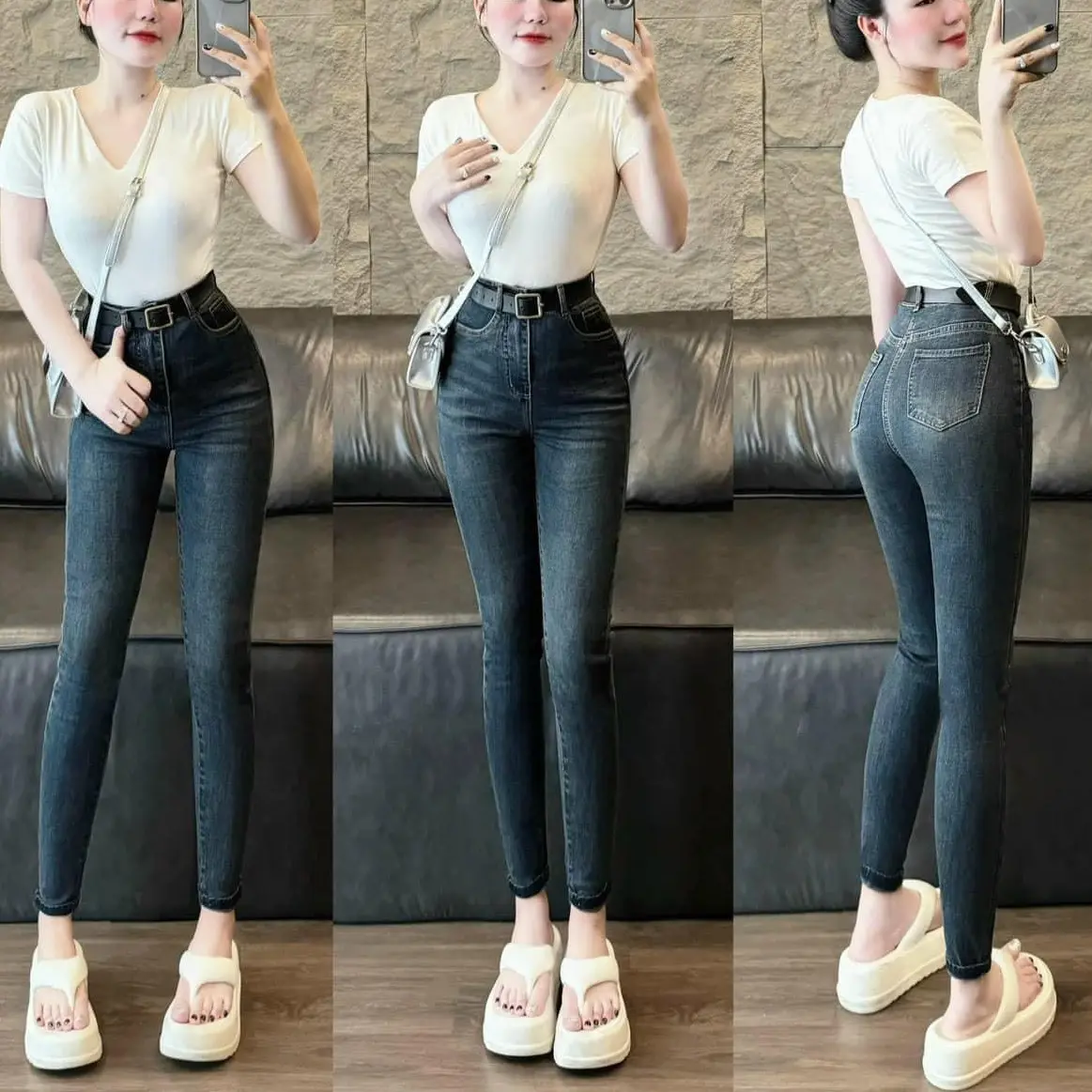 Quần jean ôm cạp cao co dãn màu bụi hottrend, Quần bò skynny hack dáng Nữ Women Nữ Women