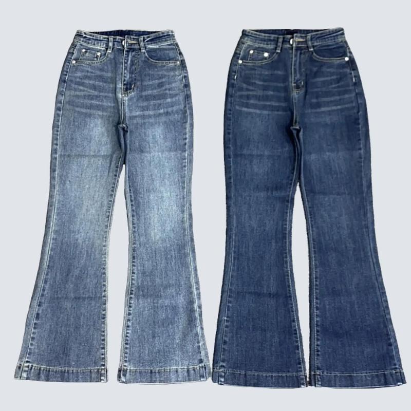 (LOEDAI00211) Quần Jean Nữ Dáng Loe Dài, Vải Xước Sợi Chéo (100cm), Cạp Cao, Chất Jean Co Giãn, Lai Gấp To Women Pants