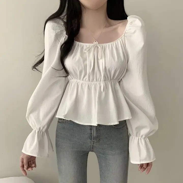 Áo Sơ Mi Phong Cách Ngọt Ngào Cho Nữ, Cổ Vuông, Eo Buộc Dây, Tay Loe Loe, Bó Sát, Hàn Quốc, Có 2 Màu Trắng Top Nhung Women