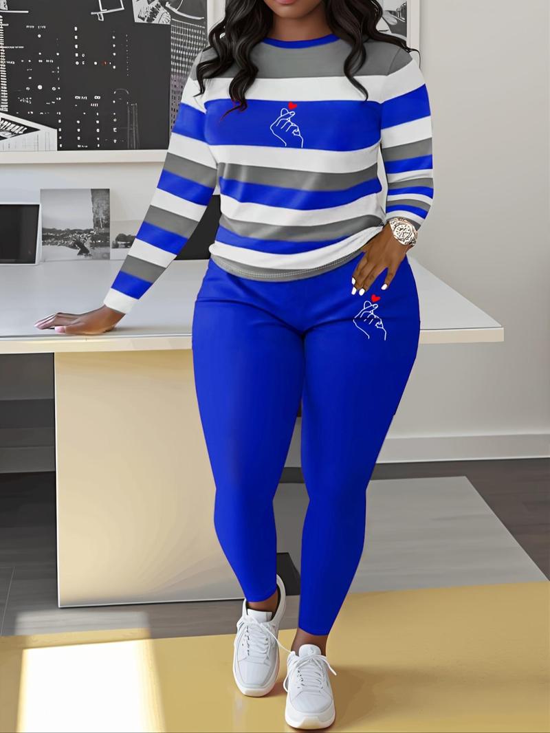 Product Introduction of Women's Striped Print Sweatshirt & Skinny Pants Two-piece Set, Casual Long Sleeve Round Neck Pullover & Leggings, Women's Fall & Winter Clothes for Daily Wear 1