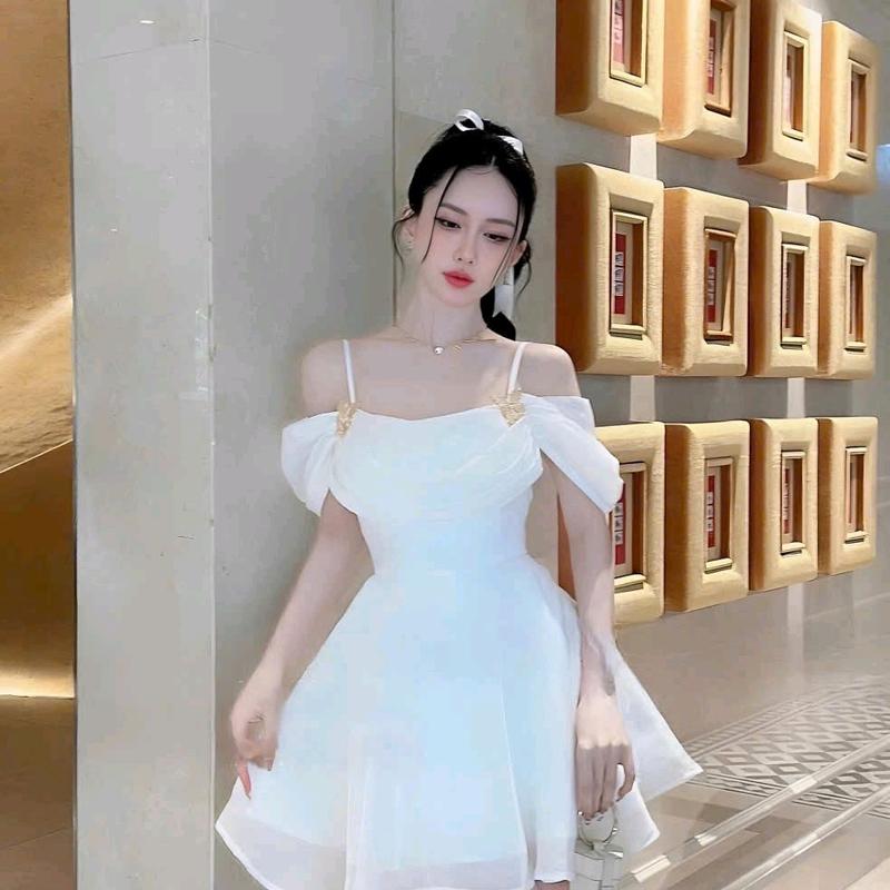Đầm nữ 2 dây bệt vai tơ ánh kim kèm phụ kiện đi tiệc siêu xinh Women Dress 4