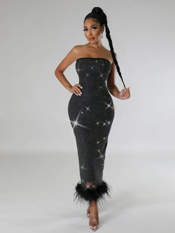Women's Rhinestone Decor Tube Tulle Party Dress, Elegant Sleeveless Evening Party Gown, Ladies Clothes for All Seasons 0