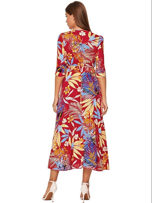 Women's Boho Floral Tied Button Front Split Long Maxi Dress, Casual Womenswear, Spring Summer Beach Vacation Half Sleeve V Neck A-line Dresses, Homecoming Dresses, Holiday Dresses, Ditsy Floral Dress 5