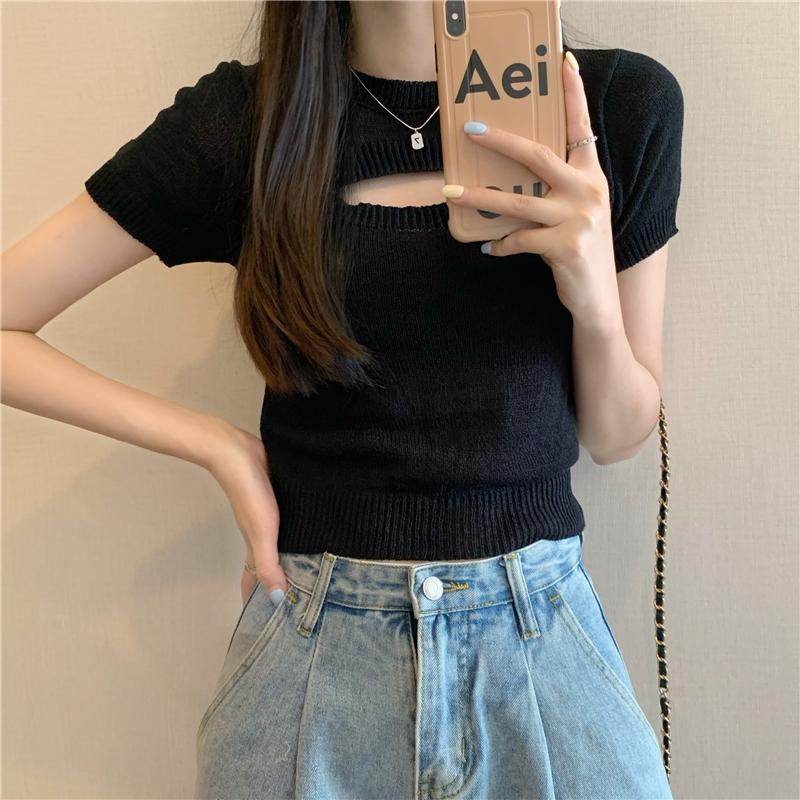 Product Introduction of Áo Len Dệt Kim Giả Hai Lớp, Thiết Kế Độc Đáo Sang Trọng Khoét Lỗ Áo Phông Ngắn Tay, Áo Ngắn Cô Gái Nóng Bỏng Mùa Hè, Phong Cách Instagram, Dành Cho Nữ, Bán Chạy Top Women Top Women 28