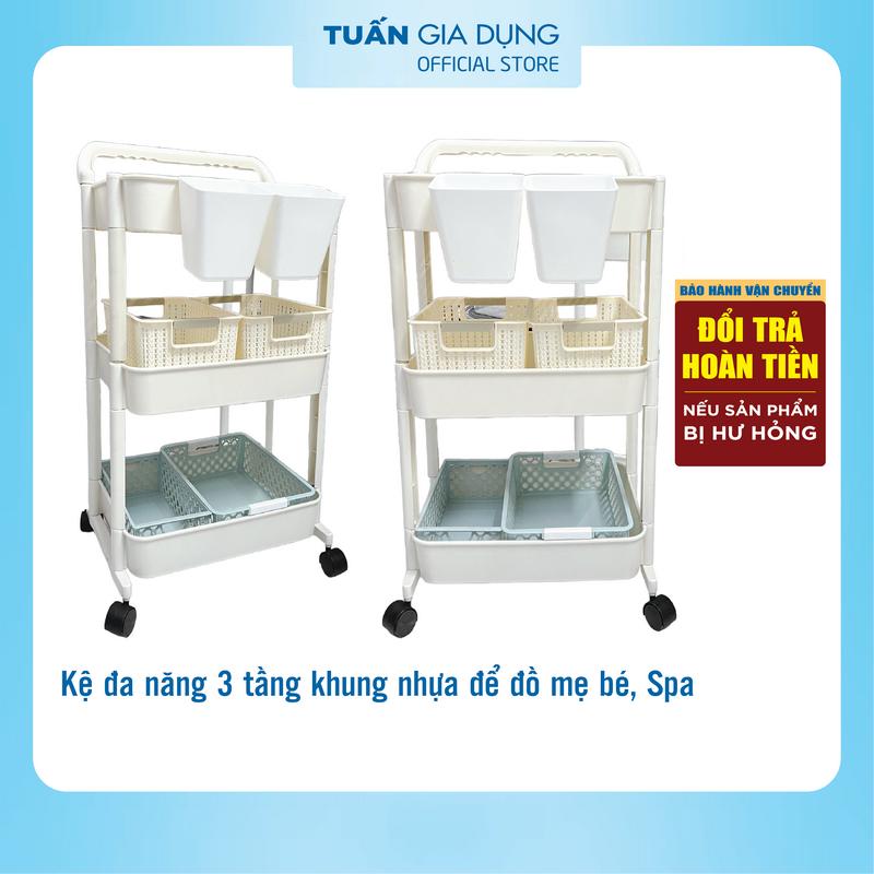Kệ đa năng 3 tầng KHUNG NHỰA có tay đẩy, bánh xe xoay 360 đồ, Kệ đựng đồ mẹ bé, đừng đồ nhà bếp, rổ đan mây, giỏ treo đồ, Kệ đựng đồ dùng Nhà Bếp Kitchen