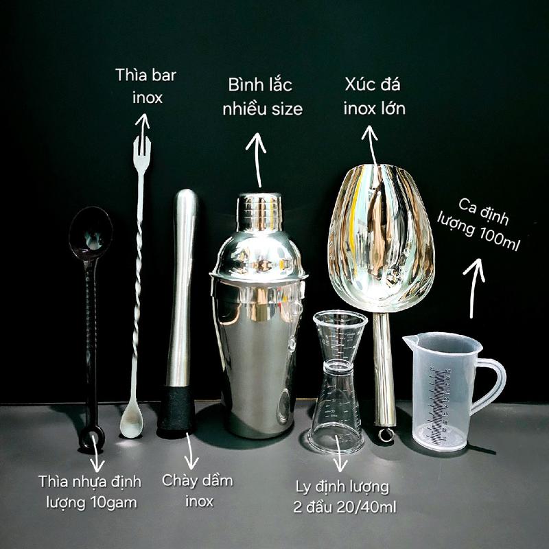 Combo 7 món dụng cụ pha chế cocktail trà sữa trà trái cây cà phê chất liệu nhựa PP, inox (Bình lắc inox nhiều size, ca định lượng 100ml, ly 2 đầu 20/40ml, chày dầm inox, thìa inox, thìa 10G, xúc đá inox)