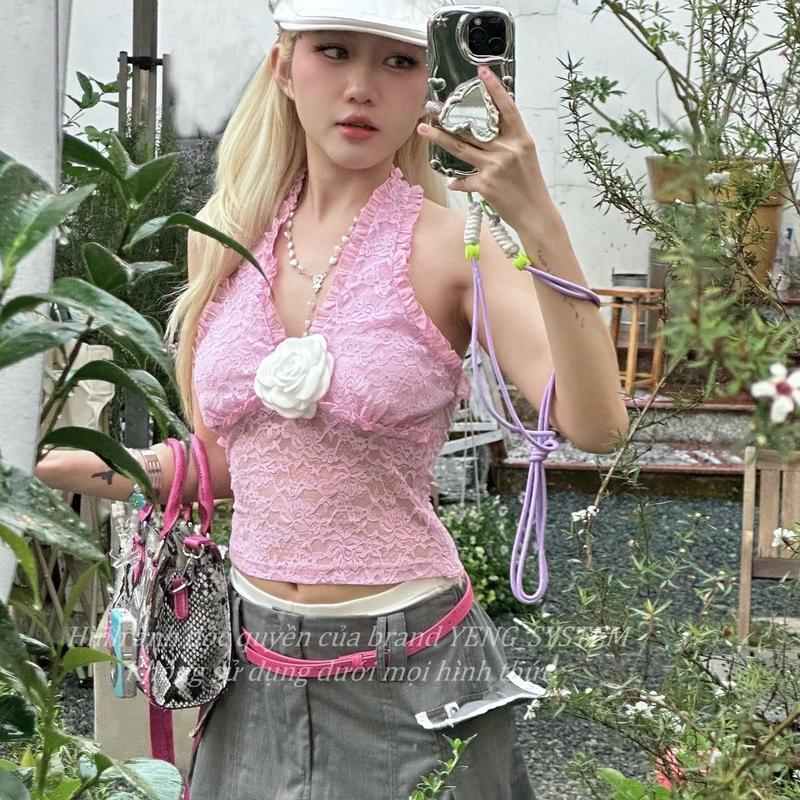 [YENG SYSTEM] Áo cổ yếm ren hoa viền bèo cho nữ “ ROSÉ TOP “ màu trắng, màu hồng 5