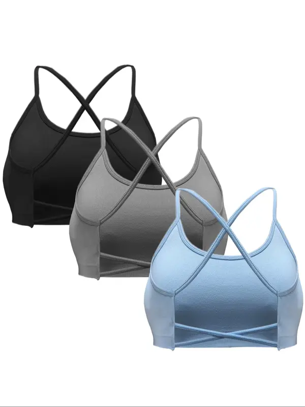 Women's Solid Criss Cross Backless Sports Bra, Breathable Comfortable High Stretch Sports Bra, Gym Clothes, Ladies Sportswear for Indoor Outdoor Wear 3