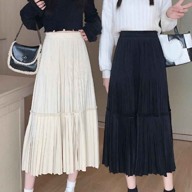 Chân Váy Nhung Tăm Dài Phối Ren, Cạp Chun Co Dãn, Dài 80cm