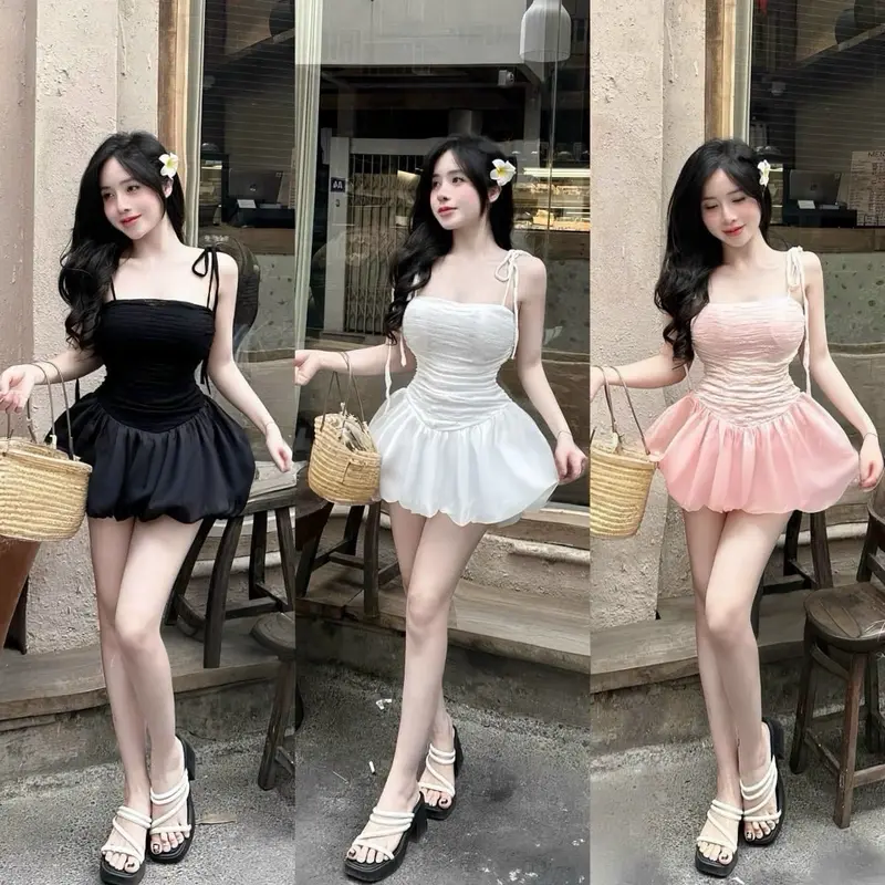 Đầm ren có mút ngực hai dây buộc phối bí von tơ ánh kim hai lớp Nữ Sen Voi ôm người dễ mặc nè các nàng 1