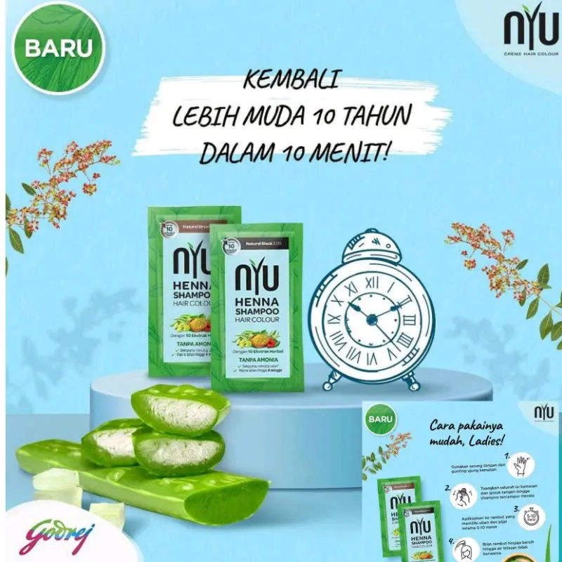 NYU HENNA SHAMPOO HAIR COLOUR/NYU HENNA SHAMPOO PEWARNA RAMBUT PER PCS 20ML Warna Tahan Lama 3