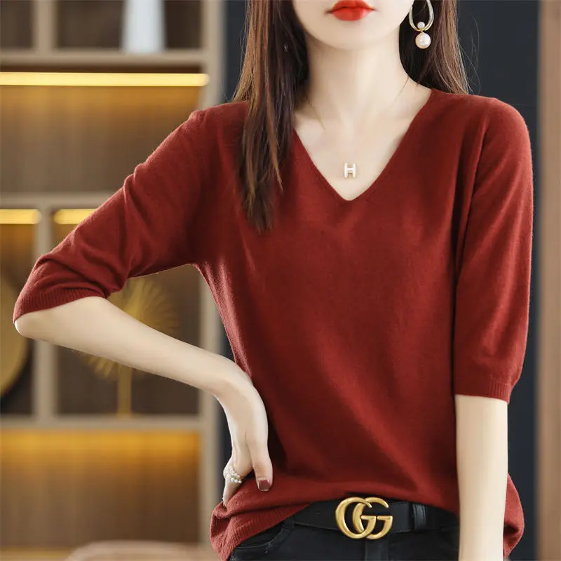 Áo Chui Đầu Cổ Chữ V, Tay Lửng, Mùa Xuân Và Mùa Hè Mới, Áo Sơ Mi Nữ, Phong Cách Hàn Quốc, Dáng Rộng Vừa Vặn, Áo Thun Len Dệt Kim Phong Cách Phương Tây, Áo Sơ Mi Nữ, Mỏng, Quần Áo Nữ Women Top 8