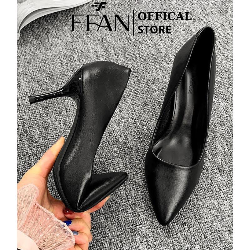 Giày nữ [DA THẬT mềm]  mũi nhọn gót nhọn FFAN cao gót công sở 3 5 7 9 phân bít mũi màu đen big size Cao Su Shoes