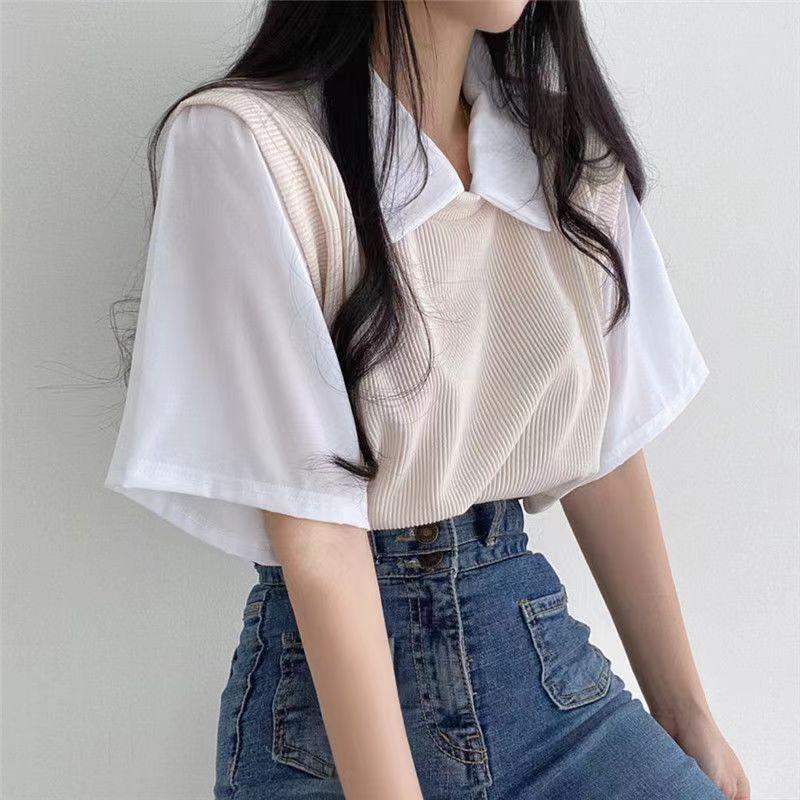 Product Introduction of Áo Phông Ngắn Tay, Phong Cách Preppy, Ve Áo Polo Mùa Hè, Hai Mảnh Giả, Màu Tương Phản, Dáng Rộng Vừa Vặn, Áo dễ phối đồ Đi Chơi Dành Cho Nữ, Phong Cách Ins 6