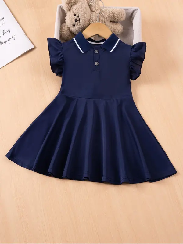 Toddler Girl's Solid Puff Sleeve Polo Dress, Cute Casual Short Sleeve Dress for Summer, Kids Clothes for Daily Wear 0