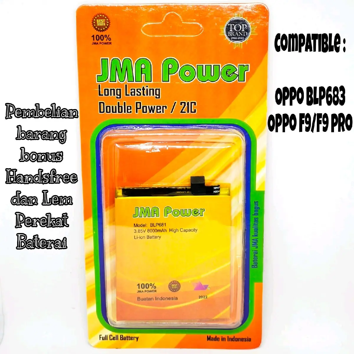 Baterai JMA Power Double Power Original For Oppo BLP681 F9/F9 Pro battery 8000mAh Bonus Handsfree dan Lem Perekat Baterai