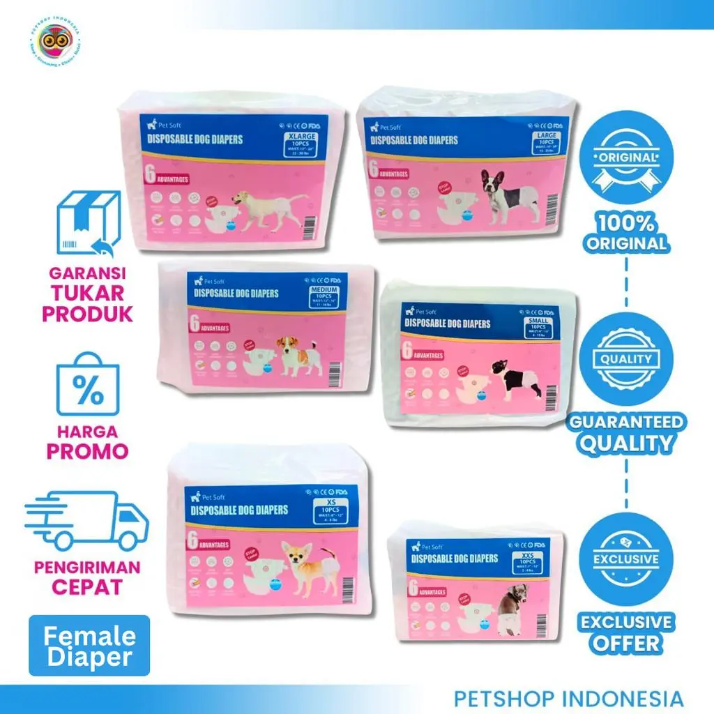 Pet Soft Female Wrap White XXS-XL - Popok Anjing Betina Sekali Pakai Anti Bocor