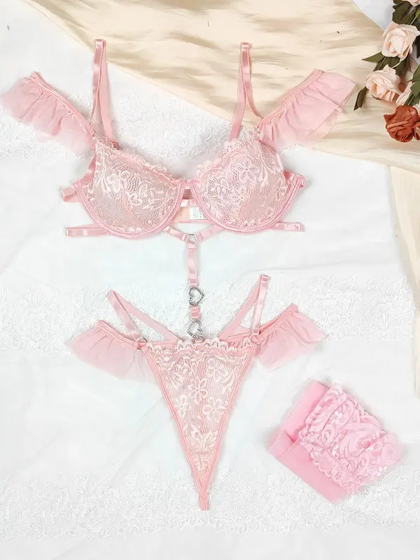 Women's Lace Sexy Lingerie Three-piece Set, Solid Color Push Up Bra & Thong & Stocking, Lingerie Set for Women 6