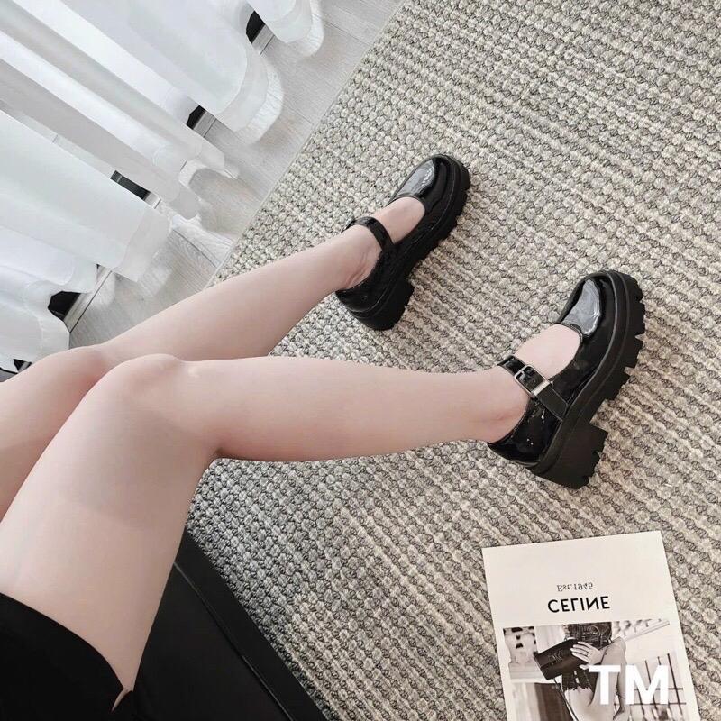 ￼Giày búp bê Lolita nữ da bóng đế cao quai dán mũi tròn xinh xắn Cao Su giày mary loli
