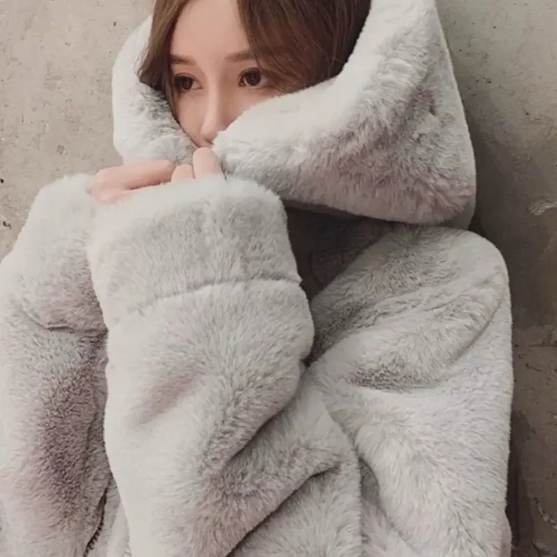 Áo khoác lông thỏ unisex MÀU TRƠN CÓ MŨ siêu rộng thiết kế phong cách Hàn Quốc 2