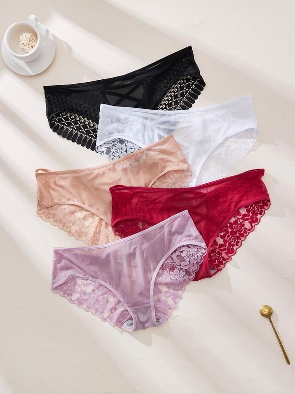 【Plus Size】  Floral Detail Contrast Mesh Lace Up Panty, Solid Color Sheer Fabric Knicker for All Seasons, Comfy Breathable Underwear for Women 8