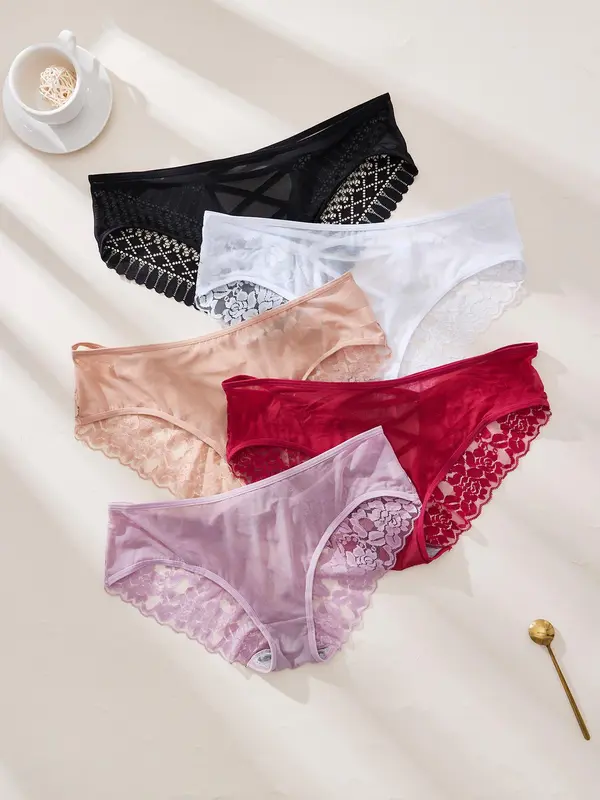 【Plus Size】  Floral Detail Contrast Mesh Lace Up Panty, Solid Color Sheer Fabric Knicker for All Seasons, Comfy Breathable Underwear for Women 7