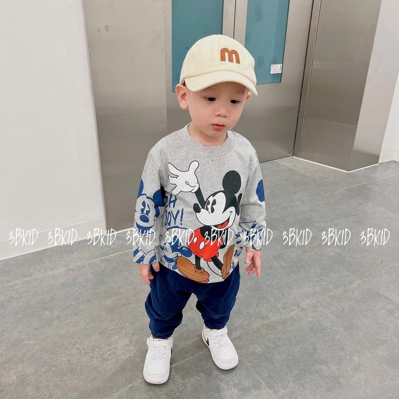 [BEEGAU]MK789  : Set bộ cotton dài tay in hình mickey áo xám  phối quần da cá xanh than  dành cho bé trai 8-25kg