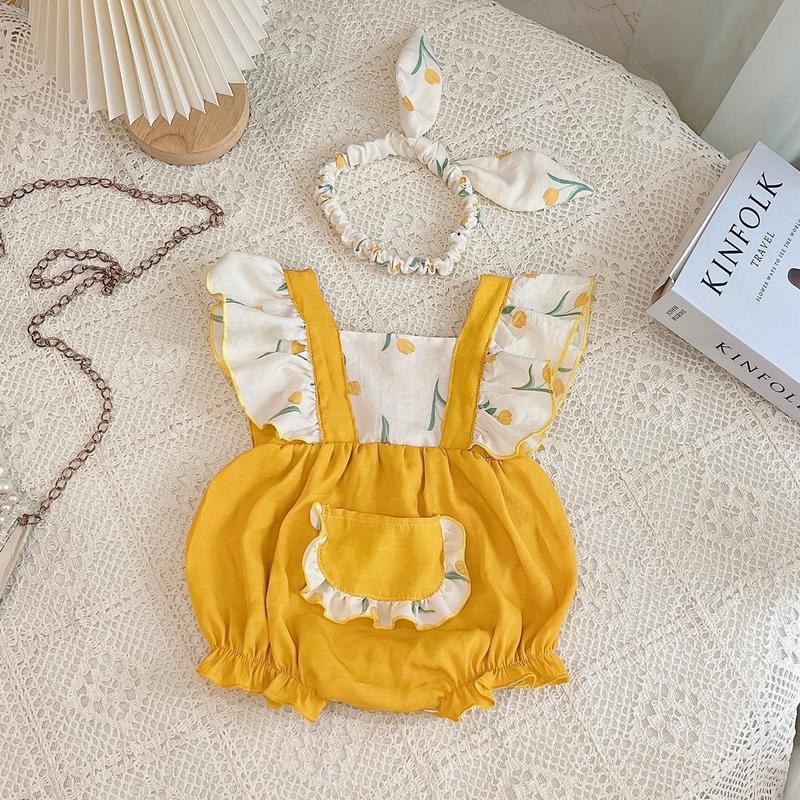 Bodysuit Cho Bé Tulip Vàng Thiết Kế Cách Tiên Dễ Thương, Chất Đũi Vàng Phối Hoa Xinh Tươi Rực Rõ, Kèm Turban Xinh Xắn, Body Cho Bé 4-11kg