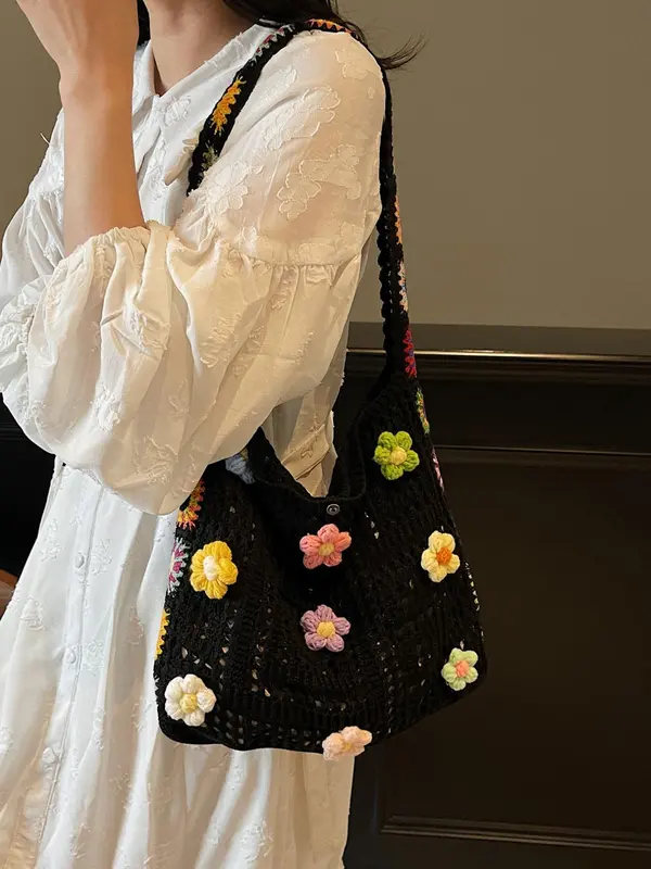 Women's Fashionable Ethnic Style Handbag, Large Capacity Shoulder Bag with Hollow-Out Knitted Design, Casual and Fashionable Crossbody Bag for Women 6