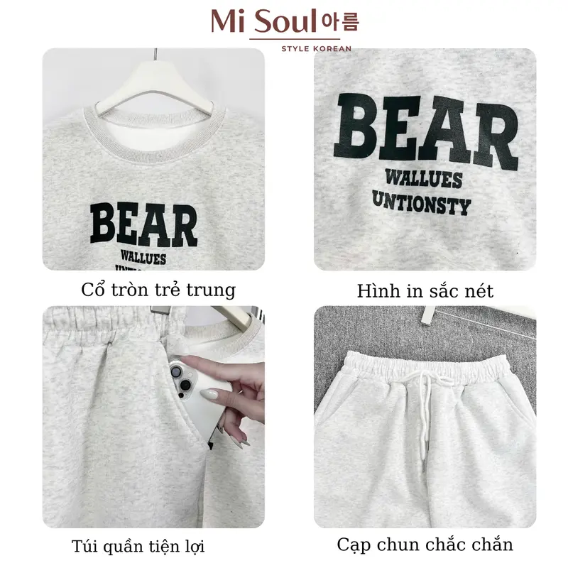 Set Nỉ BEAR In Chữ Ngực Kèm Quần Chun Dây Rút Bo Gấu BigSize MiSoul, Bộ Áo Gấu Form Thụng 357 Nữ Kem 4
