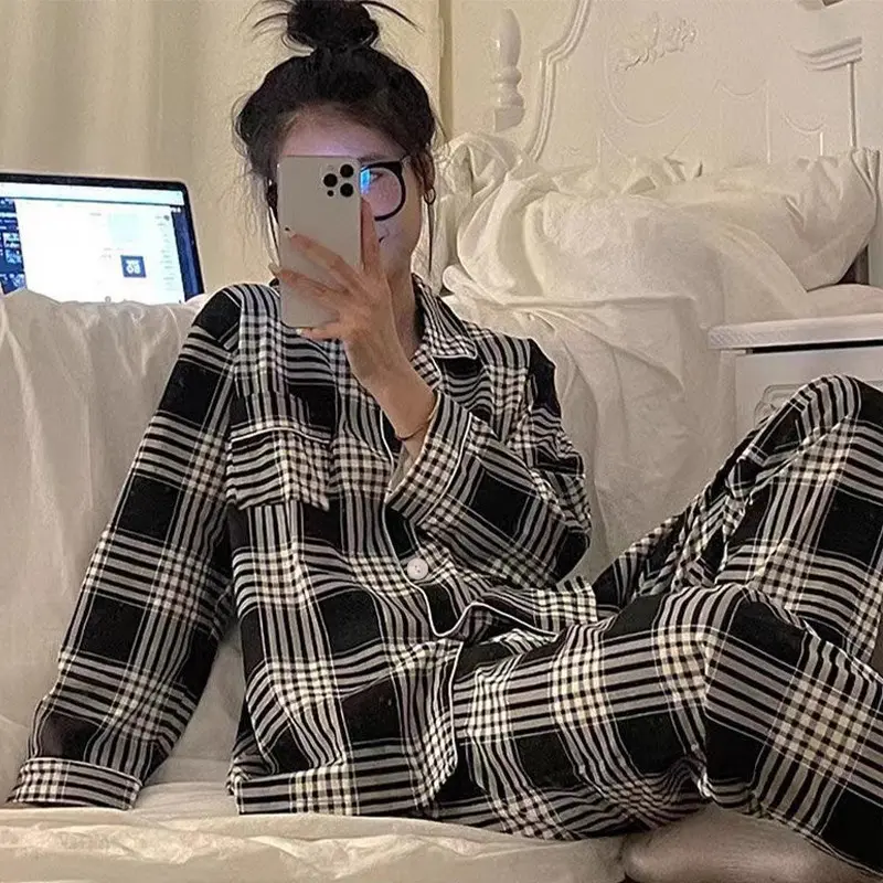 Bộ Đồ Ngủ Đồ Mặc Ở Nhà Dài Tay, Họa Tiết Kẻ Sọc Thường Ngày Làm Bằng Lụa Sữa Nữ Cotton