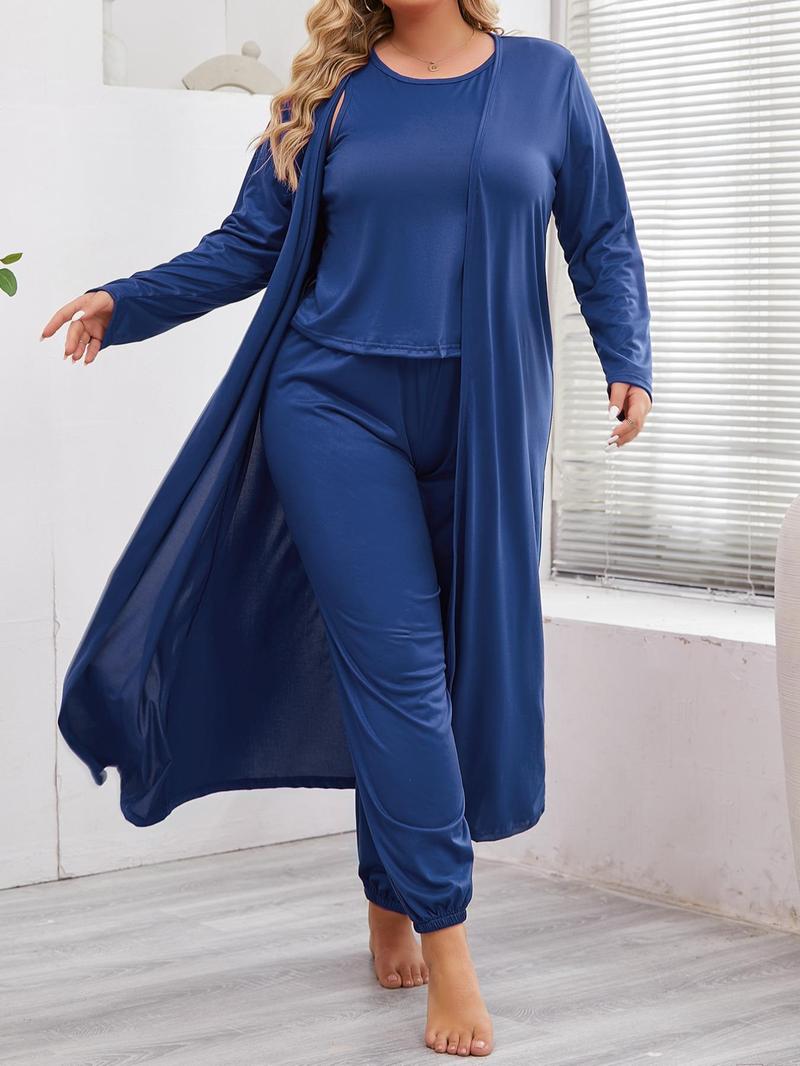 Product Introduction of 【Plus Size】 Three-Piece Set Solid Long Sleeve Open Front Lounge Robe & Elastic Waist Pants & Tank Top Set, Casual Comfy Pyjama Set for Women, Women's Sleepwear for Spring & Fall 1