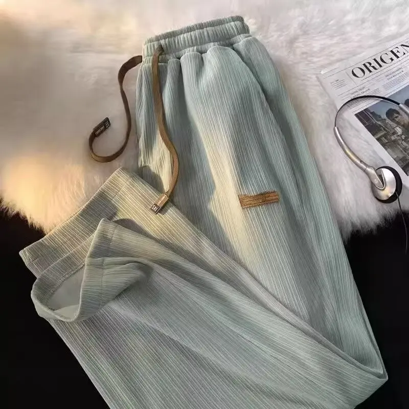 [COD & Ready stock] Summer New Hong Kong Style Pure Color Ice Silk High Street Vibe Simple Straight Sports Casual Pants Men