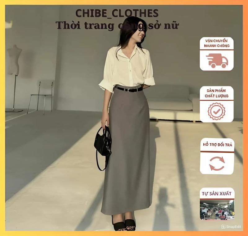 Chân Váy Chữ A Suông 90cm Phối Đai Da Thiết Kế Cách Điệu Giả Túi Sau_CHIBECLOTHES_Vải Chéo Nhật_CV146 Nữ Kem