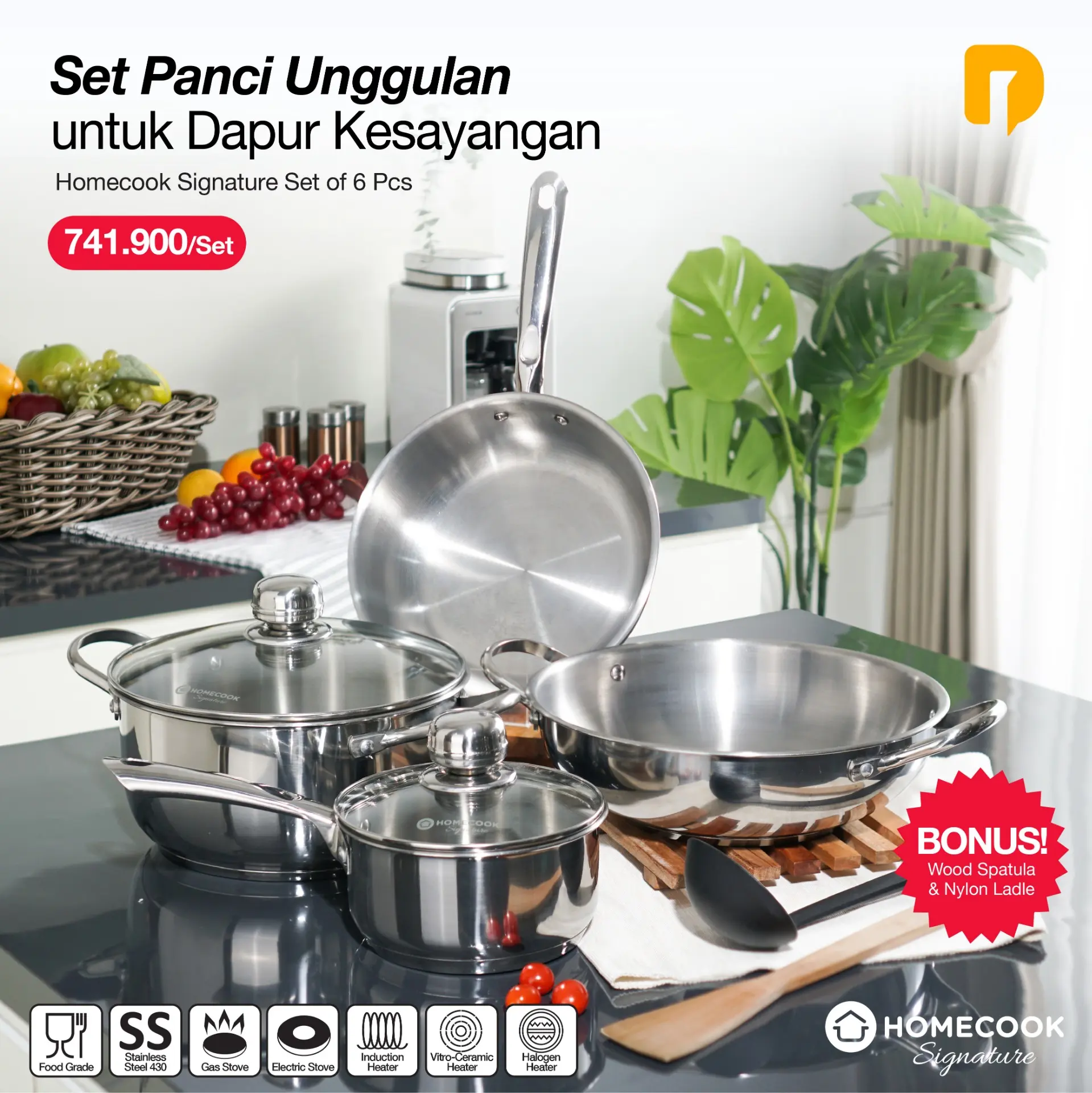 Homecook Signature Set of 6 Pcs + Free Wood Spatula N Nylon Ladle Aluminium Dapur Pan Panci