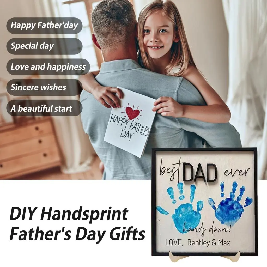 Tungji Wooden Handprint Ornament Wooden Plaque with Handprint Dad Ever Wooden Plaque Desk Father and Kids Handprint Keepsake Father's Day Gift from Daughter Son Papa Grandpa