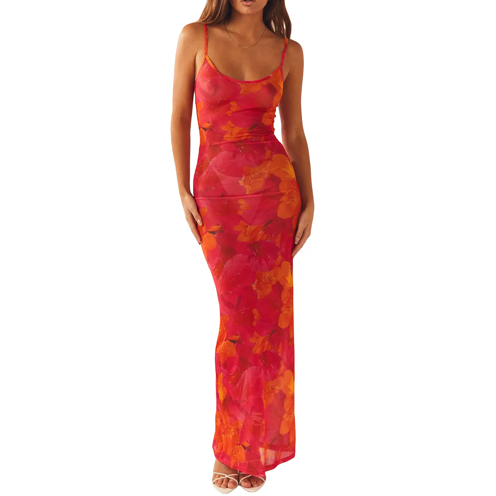 Đầm Dài Bodycon, Dành Cho Nữ, Không Tay, Có Dây Đeo Spaghetti, In Hoa, Đầm Cocktail, Phong Cách Cổ Điển