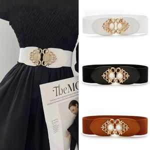 Fashion Wide Elastic Belt for Woman Cat's Eye Stone Metal Buckle Waistband Retro Waist Belt