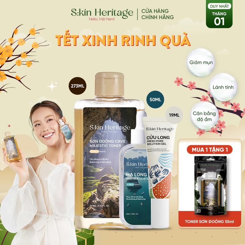 Bộ Sản Phẩm Chăm sóc cấp ẩm phục hồi SKIN HERITAGE Toner Sơn Đoòng 273ml x Serum Hạ Long 50ml x Kem Chấm Mụn Cửu Long 19ml [ Tặng 1 Toner Sơn Đoòng 55ml ]