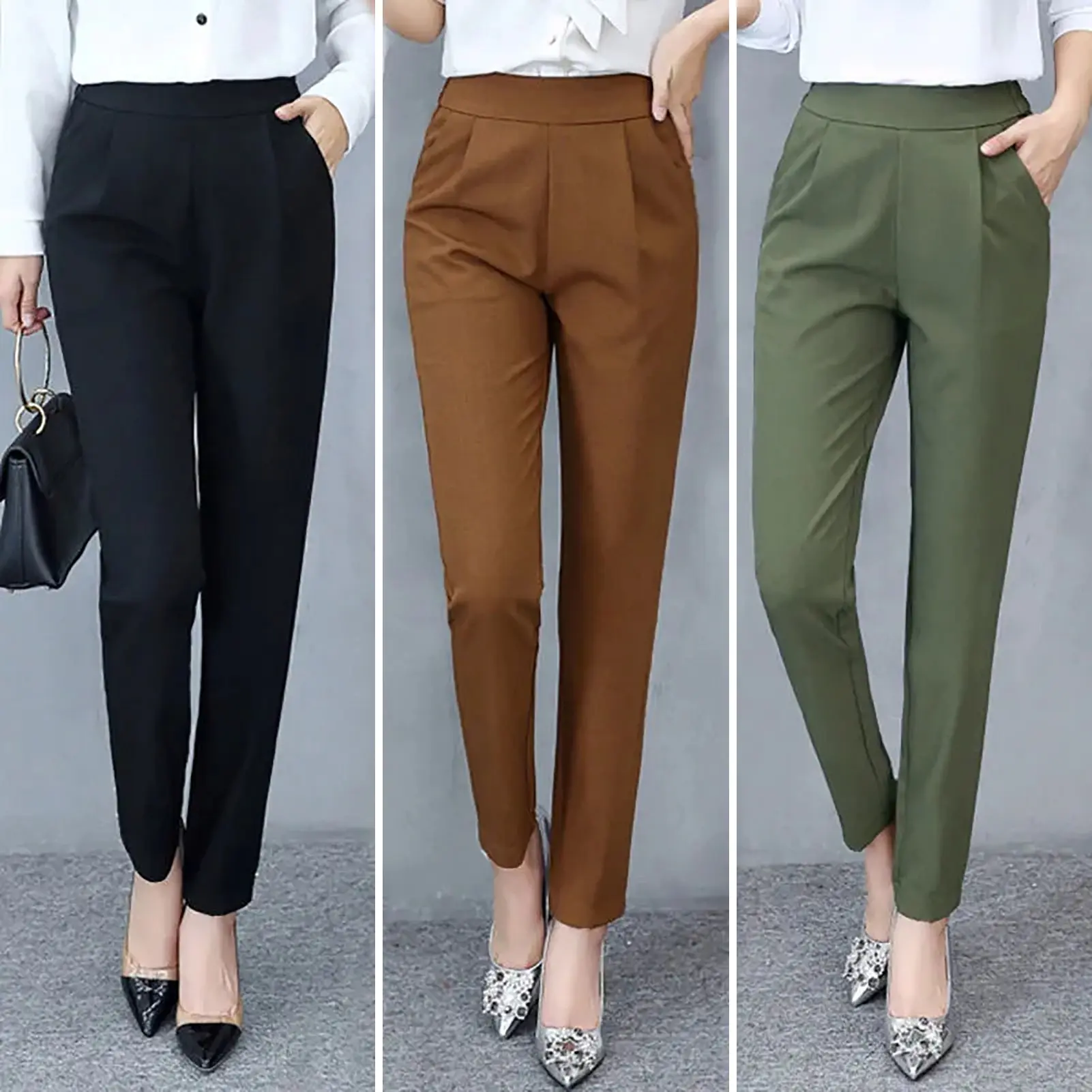 Quần Nữ Cạp Cao, Linh Hoạt, Thanh Lịch, Đi Làm, Mỏng, Mặc Hàng Ngày, Polyester, Màu Trơn, Bộ Đồ Du Lịch