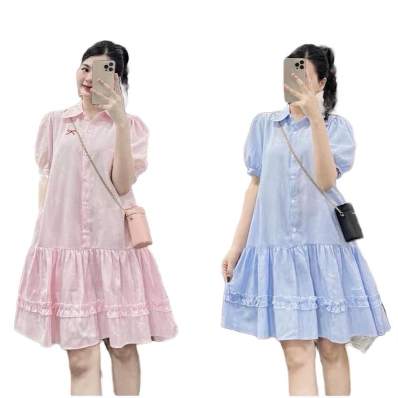 D696 Váy Kẻ Sọc babydoll nữ cổ sơ mi thiết kế phối bèo xinh xắn cho nàng đi chơi  Voan Dress Nhung Voi Xanh